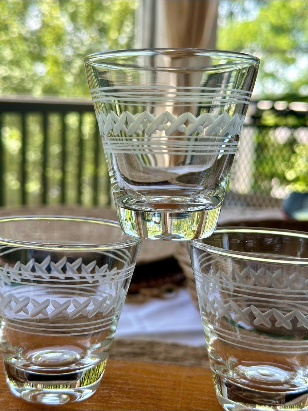 Vintage Etched Cordial Glasses Set of 3 Geometric X Pattern Barware